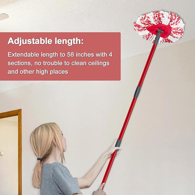 Spin Mop Replacement Head, Base, Mop Handle Replacement for OCedar EasyWring 1 Tank System, 2 Microfiber Refills, 4-Section Sturdy Iron 30-58in Stick, 1 Head Cover and 1 Scrubber Mop Head