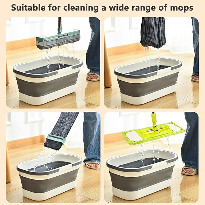 Collapsible Plastic Bucket with Wheels 12L (3.17 Gallon) for House Cleaning, Camping, and RV - Multi-Purpose Rectangular Handy Basket for Cleaning Mop - Lightweight and Portable (Blue)