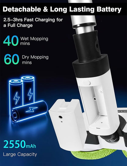EOUS Cordless Electric Mop, Floor Cleaner with LED Headlight & Water Sprayer, Up to 60 Mins Detachable Battery, Dual-Motor Powerful Spin Mop, 300ML Water Tank for Multi-Surface, Self-Propelled