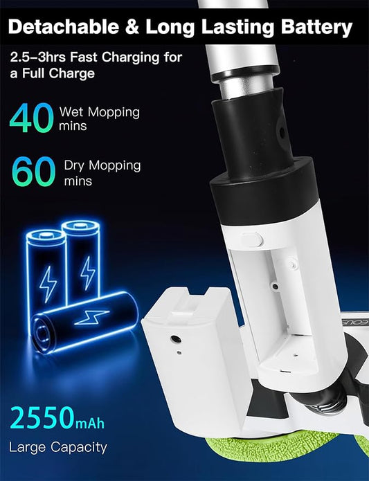 EOUS Cordless Electric Mop, Floor Cleaner with LED Headlight & Water Sprayer, Up to 60 Mins Detachable Battery, Dual-Motor Powerful Spin Mop, 300ML Water Tank for Multi-Surface, Self-Propelled