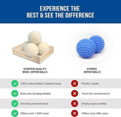 Quality Wool Dryer Balls - 6 XL Pack - 1000+ Loads - Pure Organic Wool - Reusable Natural Fabric Softener Perfect with Essential Oils, Reduce Clothing Static and Wrinkles