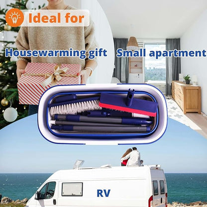 Collapsible Mop and Bucket Set, Bafezoze Microfiber Dust Mop, Floor Scrubber, Grout Brush with Long Handle for Bathroom RV Tile Cleaning