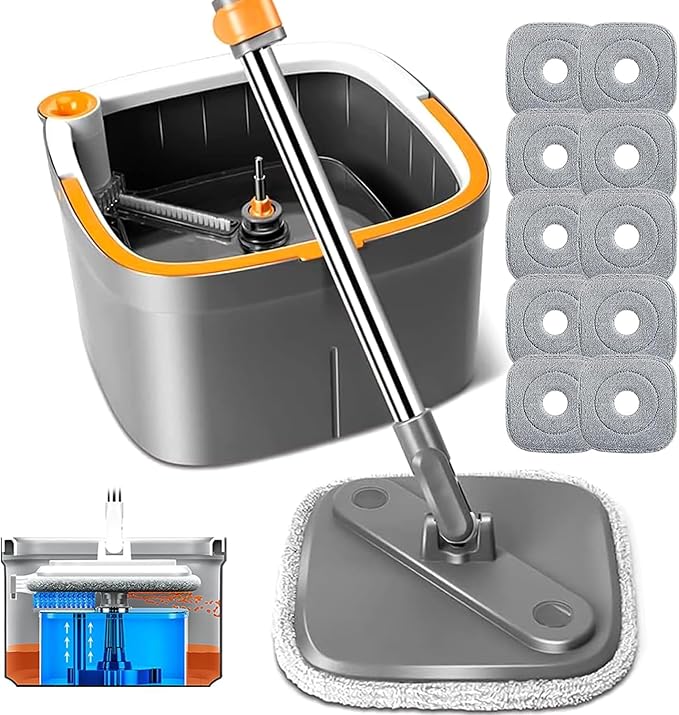 KZKR Spin Mop and Bucket Set with 10 Replaceable Microfiber Mop Pads with Self Separation Dirty and Clean Water System, Self Wringing 360° Rotating Square Mop Head for Hardwood Tile Marble Floors