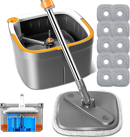KZKR Spin Mop and Bucket Set with 10 Replaceable Microfiber Mop Pads with Self Separation Dirty and Clean Water System, Self Wringing 360° Rotating Square Mop Head for Hardwood Tile Marble Floors