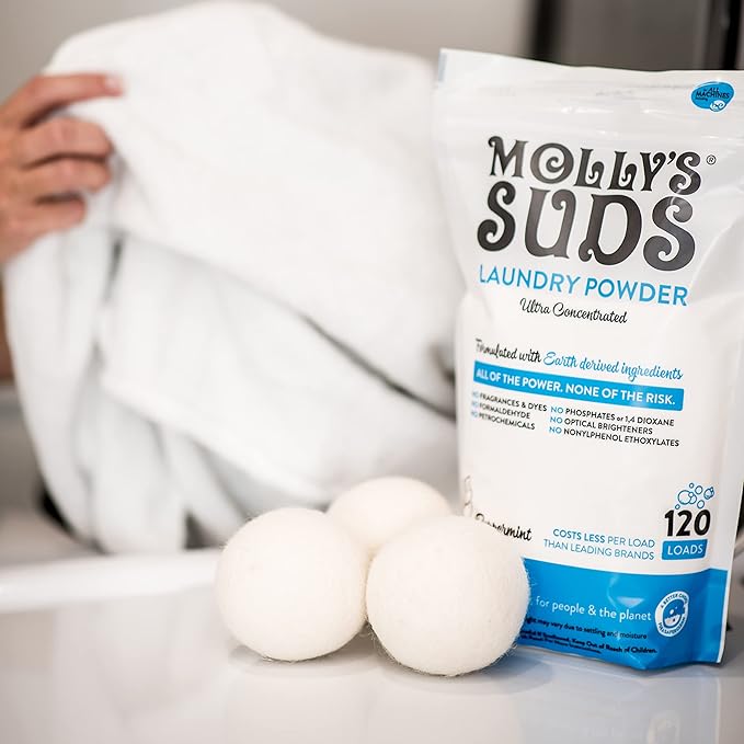 Molly's Suds Starter Pack | Includes 70 Load Natural Laundry Powder, 1 Package of Wool Dryer Balls & 1 Oxygen Whitener