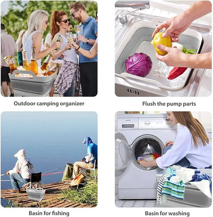 Ikaufen Dishpan for Washing Dishes, 9L (2.4Gallon) Collapsible Wash Basin with Drain Plug Carry Handles, Collapsible Bucket for Cleaning, Vegetable Washing, RV(Grey)