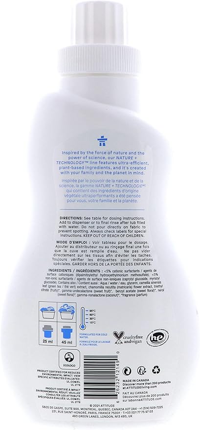 ATTITUDE Baby Fabric Softener, Plant and Mineral-Based Ingredients, HE Compatible, Vegan and Cruelty-free Laundry and Household Products, Soothing Chamomile, 40 Loads, 33.8 Fl Oz (Pack of 2)
