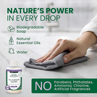 Good Natured Brand All-Purpose Cleaner Concentrate | Multi-Surface Cleaner | Natural Lavender Essential Oil | Multipurpose Cleaner Concentrate All Surfaces | Lavender | 8oz makes 128oz