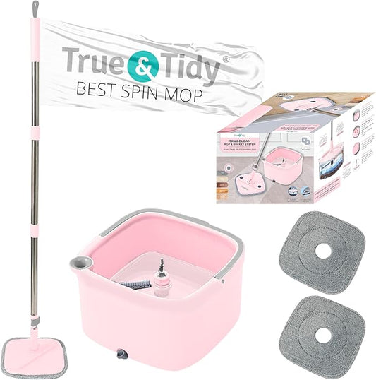 Spin Mop and Bucket with Separate Compartments for Clean and Dirty Water New 2025 Upgraded Version w/Side Brush and Self Standing Handle, Smart Square Mop w/ 2 Machine Washable Microfiber Pads, Rose