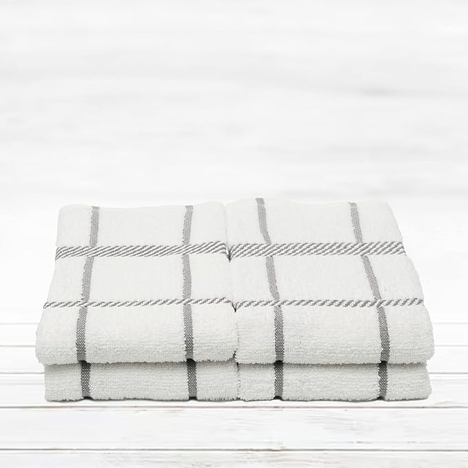 100% Cotton Terry Dish Towels, 4 Pack Checks, 16 x26 Inches, Super Soft and Absorbent Kitchen Towels, Perfect for Kitchen Cleaning and Dish Washing | Light Gray