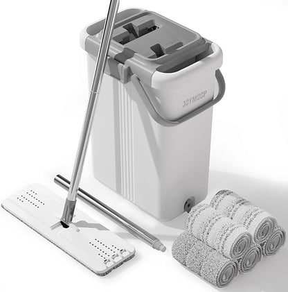 JOYMOOP Mop and Bucket with Wringer Set, Flat Squeeze Mop with Bucket (X-Large), Dust Mop for Wall Cleaner with Long Handle, Microfiber Mop - White Bucket with 5 Reusable 15" Pads