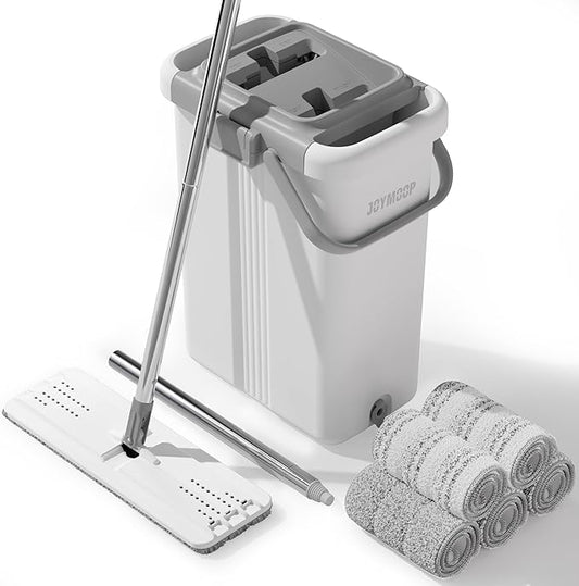 JOYMOOP Mop and Bucket with Wringer Set, Flat Squeeze Mop with Bucket (X-Large), Dust Mop for Wall Cleaner with Long Handle, Microfiber Mop - White Bucket with 5 Reusable 15" Pads