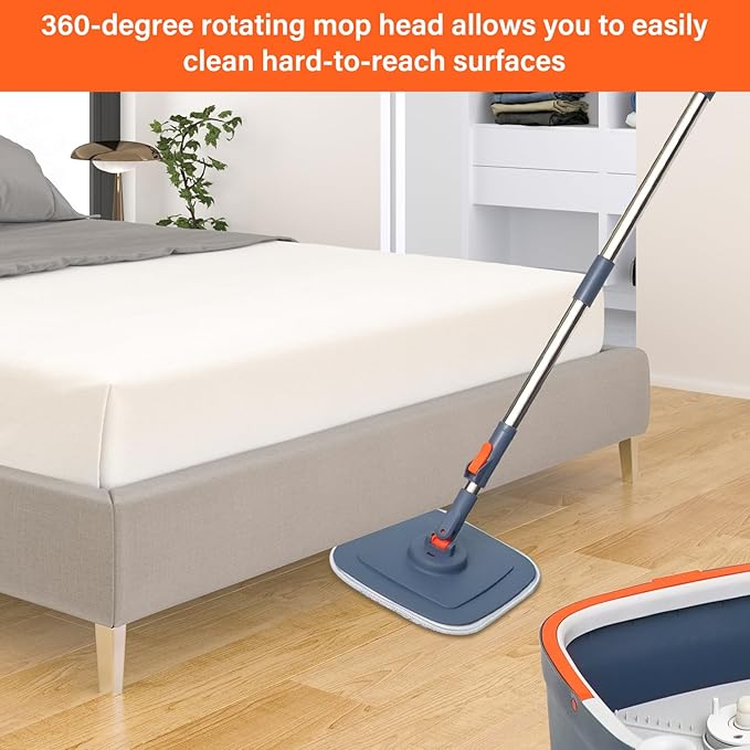 Spin Mop and Bucket Set with 3 Replaceable Microfiber Mop Pads, Self-Separating Clean and Dirty Water System, Self-Wringing 360° Rotating Square Mop Head for Hardwood, Tile, and Marble Floors