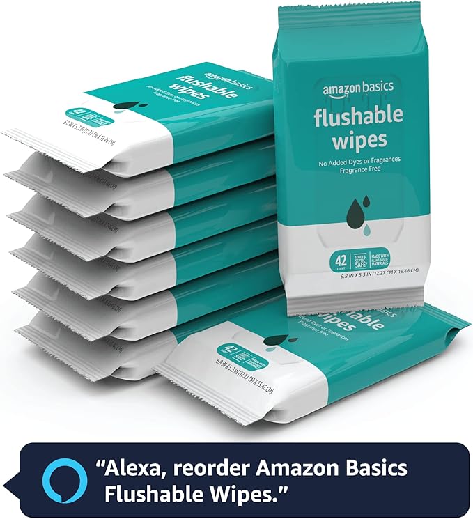 Amazon Basics Flushable Adult Toilet Wipes, Fragrance Free, 42 Count (Pack of 8) (Total 336 wipes) (Previously Solimo)