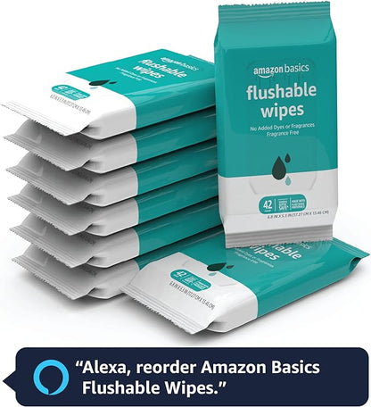Amazon Basics Flushable Adult Toilet Wipes, Fragrance Free, 42 Count (Pack of 8) (Total 336 wipes) (Previously Solimo)