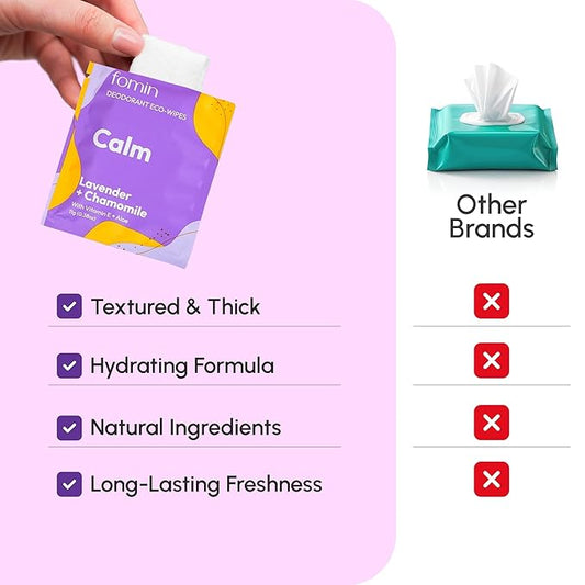 FOMIN Travel Deodorant Wipes - 30 Count - Lavender and Chamomile pH Balanced, Hypoallergenic Mini Deodorant Wipes For Women and Men - Plastic-Free, Individually Wrapped Underarm & Body Wipes