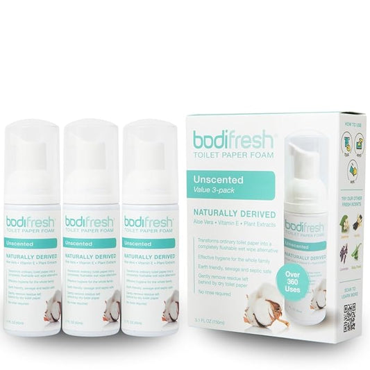 Toilet Paper Foam, Plant-Based w. Aloe & Vitamin E, Hypoallergenic, Flushable, 360+ Uses per Pack - 3 Bottles (Unscented)