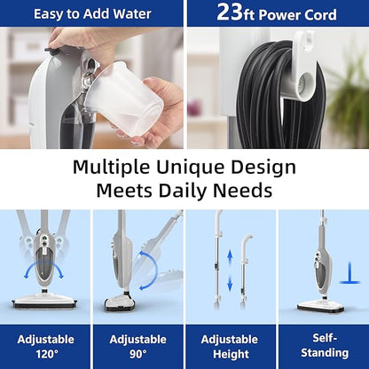 Steam Mop - 10-in-1 MultiPurpose Handheld Steam Cleaner Detachable Floor Steamer for Hardwood/Tile/Laminate Floors Carpet with 11 Accessories for Whole Home Use.