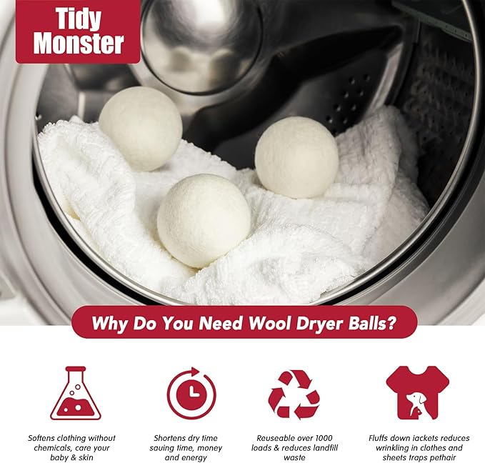 100% New Zealand Wool Dryer Balls XL Size – 6 Pack, Organic & Chemical-Free Fabric Softener, Baby Safe & Hypoallergenic, Reduces Static, Wrinkles & Drying Time, Reusable for 1000+ Loads