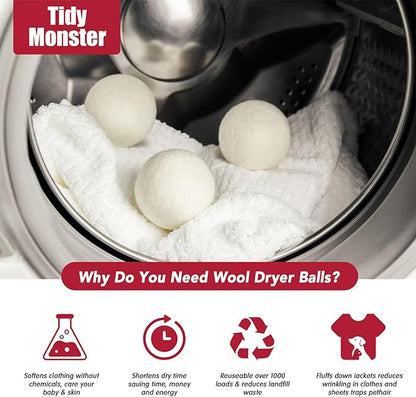 100% New Zealand Wool Dryer Balls XL Size – 6 Pack, Organic & Chemical-Free Fabric Softener, Baby Safe & Hypoallergenic, Reduces Static, Wrinkles & Drying Time, Reusable for 1000+ Loads