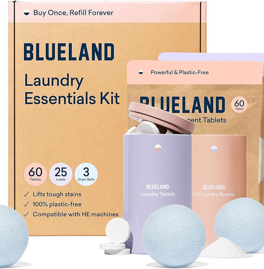 BLUELAND Laundry Essentials Kit, Spring Bloom - Plastic-Free Laundry Detergent Tablets, Oxi Booster, and Reuseable Natural Wool Dryer Balls