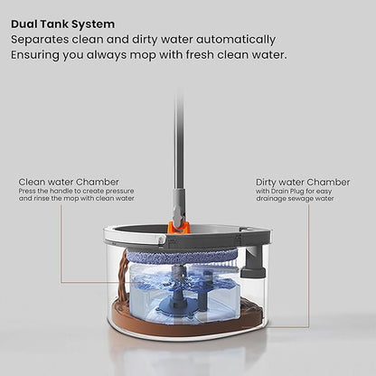 Dual Chamber Spin Mop and Bucket System, Mop Bucket Separate Dirty Water, Mop and Bucket Set with Self-Wringing 360° Rotating Mop Head, Includes 4 Washable Microfiber Mop Pads. (Grey)