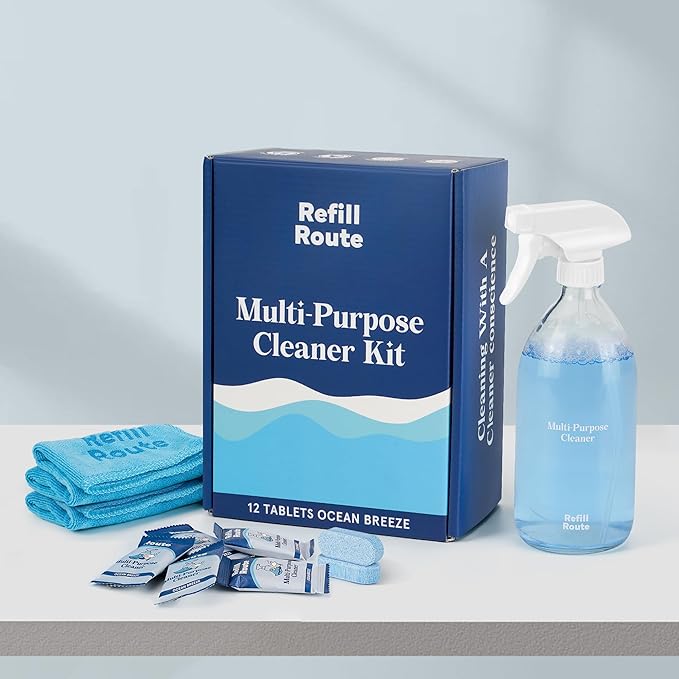 Multi-surface Cleaner Kit, SplashSpray All Purpose Cleaner, 12 Tablets Multipurpose Cleaner Refills with Reusable Glass Bottle, Plant Based, Bathroom/Kitchen Cleaning - Ocean Breeze