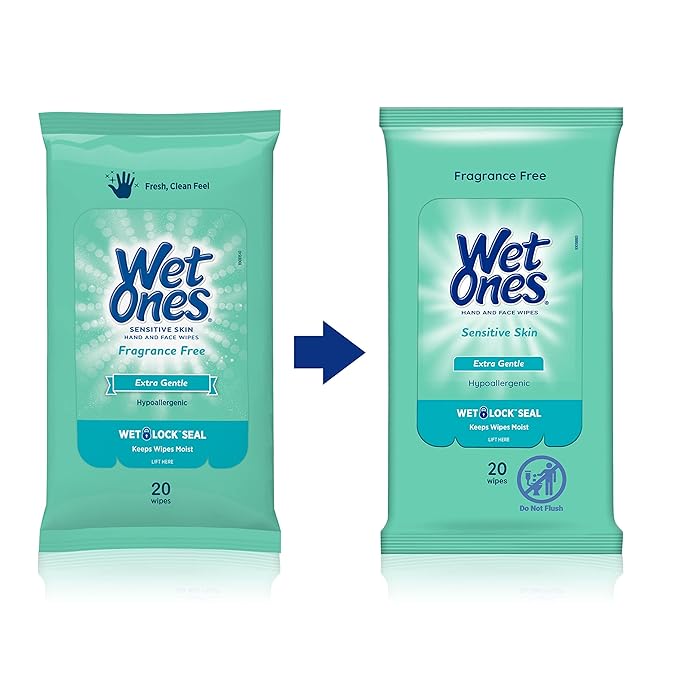 Wet Ones Sensitive Skin Hands and Face Wipes, 20 Count Travel Pack (Pack of 10)