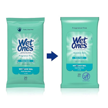 Wet Ones Sensitive Skin Hands and Face Wipes, 20 Count Travel Pack (Pack of 10)
