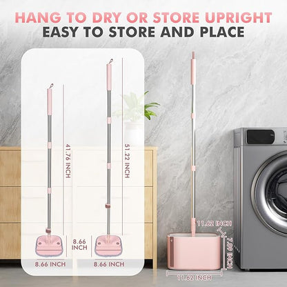 Upgraded Spin Mop and Bucket Set Self-Standing Mop Bucket Separate Dirty and Clean Water System Self Wringing 360° Rotating 90° Foldabl Mops and Buckets for Floor Cleaning (Pink, 2Pads)