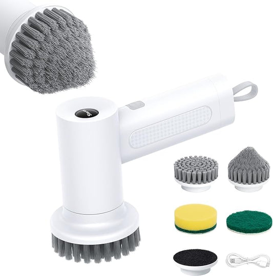Electric Spin Scrubber, 2000 mAh Cordless Power Scrubber with 4 Replaceable Heads, 2 Speeds Portable Scrubber for Cleaning Sink/Stove/Corner/Tile/Grout/Bowl (White)