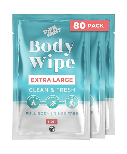 Shower Wipes - 80 Individually Wrapped Body Wipes for Women and Men, Mini Travel Essentials, After Gym Bathing, Camping, Outdoors Sports - No Rinse 12"x8" Adult Wipes