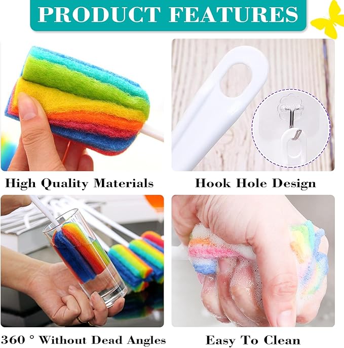 Bottle Brush Cleaner 8PCS Sponge Cleaning Brushes Long Handle Scouring Pad Scrub Brushes for Kitchen Clean Baby Bottle Glasses Mugs Cups (8PCS)