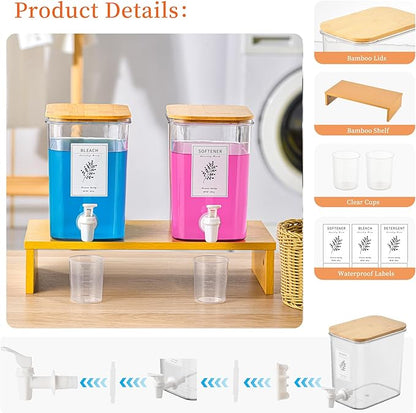 Liquid Laundry Detergent Dispenser Set with Shelf and Bamboo Lids for Laundry Room Organization and Storage - 2 Pack 90 oz Laundry Containers for Laundry Soap, Fabric Softener