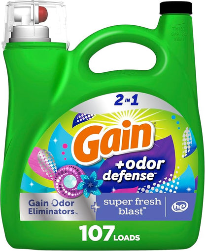 Gain + Odor Defense Liquid Laundry Detergent Super Fresh Blast Scent, HE Compatible, 107 Loads 154 fl oz, Gain Laundry Detergent, Liquid Laundry Detergent