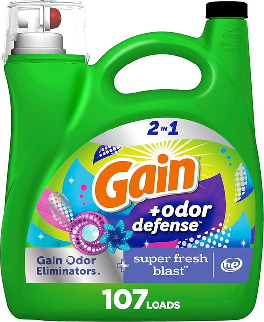 Gain + Odor Defense Liquid Laundry Detergent Super Fresh Blast Scent, HE Compatible, 107 Loads 154 fl oz, Gain Laundry Detergent, Liquid Laundry Detergent