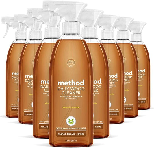Method Daily Wood Cleaner, Almond, Plant-Based Formula That Cleans Shelves, Tables and Other Wooden Surfaces While Removing Dust & Grime, 28 Oz Spray Bottles, (Pack of 8)