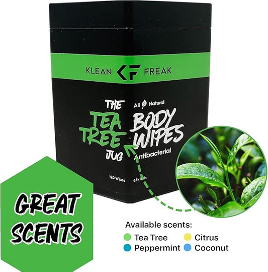Body Wipes - for Face and Body, No Water, Wipe Away Sweat and Odor, Large Textured, Travel, Gym, Camping and More, 120 Cnt Jug (Tea Tree)