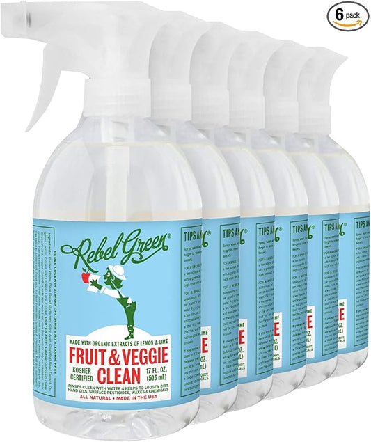 Rebel Green Fruit & Veggie Wash - Natural Produce Wash - Plant-Based Vegetable Wash - Fruit and Vegetable Wash with No Aftertaste - Sustainable Food Wash - (17oz Spray, 6 Pack)