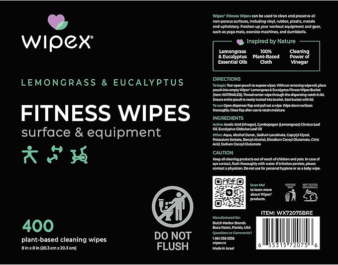 Wipex Gym Wipes for Equipment Bundle – Get 800 Wipes with (1) Lemongrass & Eucalyptus Bucket & (1) Refill Roll, Plant-Based Fitness Equipment Wipes, Clean Surfaces & Mats, 400 Count (Pack of 2)
