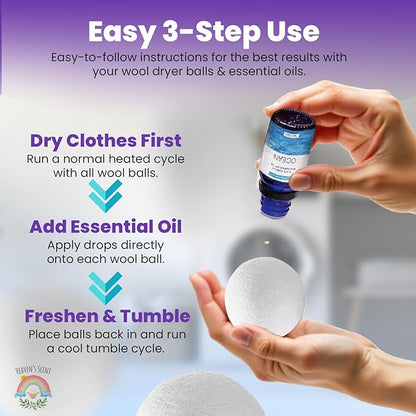 Heaven's Scent Wool Dryer Balls w/Essential Oils Bundle - Reusable, Organic, Handmade & Hypoallergenic XL Size | Eco-Friendly, Natural Fabric Softener | Ocean & Lavender Oil, White