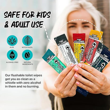 THE KLEAN FREAK FLUSHER - Flushable Wipes For Adults & Kids Unscented/Scented - 100% BIODEGRADABLE Individual Wrapped Travel WET Wipe for Toilet - Soothing Aloe & Witch Hazel - Alcohol Free 20 Pack