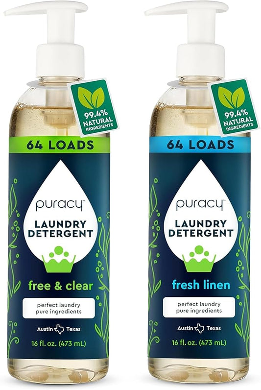 Puracy Laundry Detergent - Enzyme-Powered Liquid Laundry Detergent Concentrate, Natural Laundry Detergent Seen on TikTok, Non-Toxic (Free & Clear, and Fresh Linen, 16 fl oz, 2-Pack, 128 Loads)
