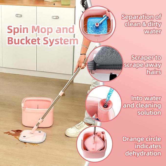 Spin Mop and Bucket Set with Self - Separation System, 360° Spinning Self - Wringing, Square Cleaning Mop and Bucket with Wringer - with Replaceable Mops (Pink Mop and Bucket Set with 2 Pads