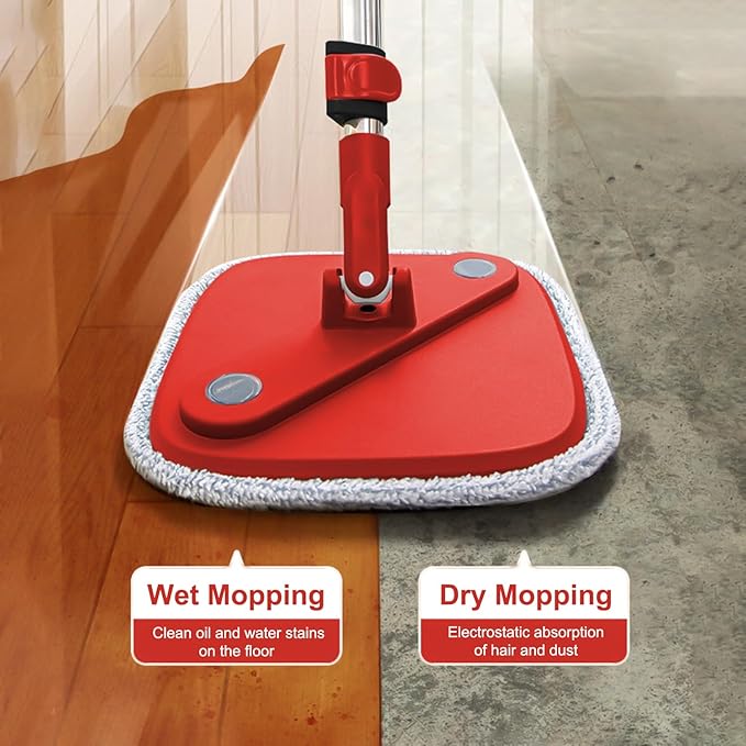 Spin Mop and Bucket Set with Separation Dirty and Clean Water System, Self Wringing 360° Rotating Clean Mop-Head and Bucket Set for Hardwood Tile Marble Floor with 6Pads-Black+Red
