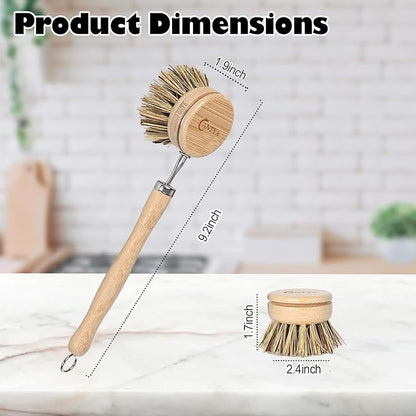 Bamboo Dish Scrubber - Hard Bristles, Natural Dish Brush with Handle 4 Replacement Heads, Compostable & Sustainable, Kitchen Brush for Cleaning Dishes, Pots and Pans