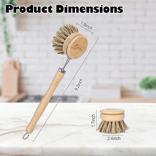 Bamboo Dish Scrubber - Hard Bristles, Natural Dish Brush with Handle 4 Replacement Heads, Compostable & Sustainable, Kitchen Brush for Cleaning Dishes, Pots and Pans