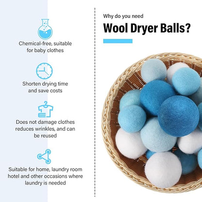 24 Pack Blue Wool Dryer Balls, 3.15'', 2.4'' Reusable Laundry Balls Wool Balls Natural No Lint Fabric Softener Balls for Clothing Wrinkles