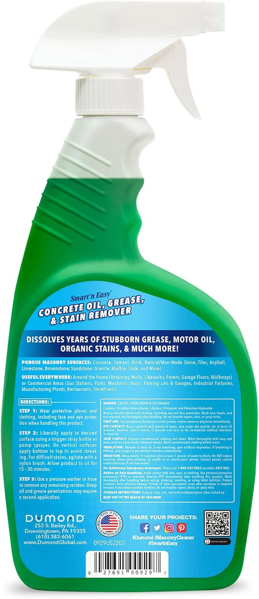 Dumond Smart 'n Easy Concrete Oil, Grease & Stain Remover, Cleans Grime, Dirt & Petroleum-Based Messes from Porous Masonry Surfaces, Garage Floors, Sidewalks, Driveways & More, 22oz Spray