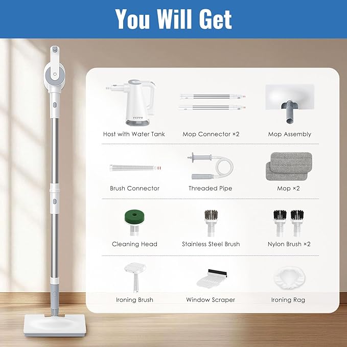 FEPPO Steam Mop with Detachable Handheld Steam Cleaner for Home and Floor Cleaning, 10-in-1 Multi-purpose Attachments & 2 Pads, Powerful Steamer for Floors, Hardwood, Tiles,Grout,Windows,Kitchen,Bath